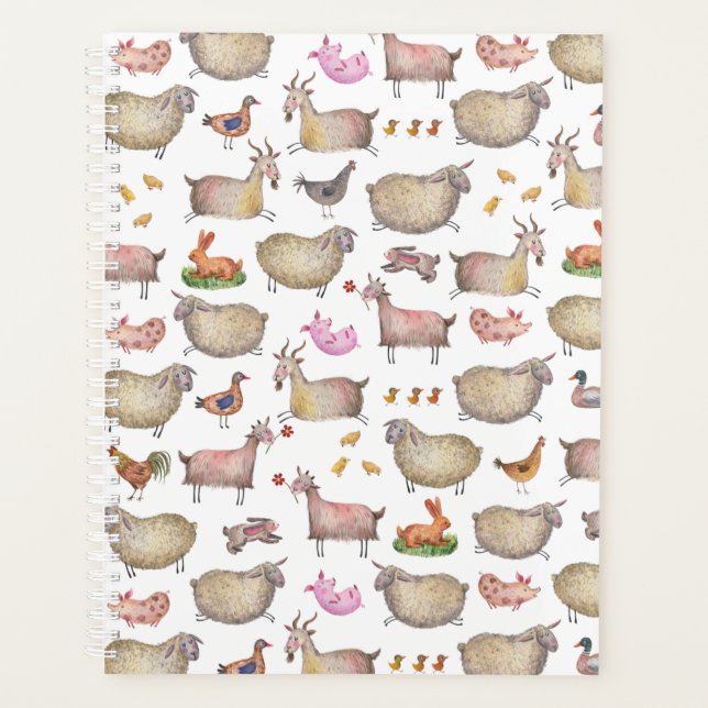 Cute Watercolor Farm Barn Animals Pattern Planner (Front)
