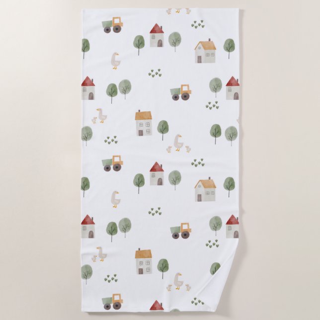 Cute Watercolor Farm Pattern Beach Towel (Front)