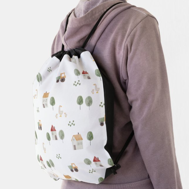 Cute Watercolor Farm Pattern Drawstring Bag (Insitu)