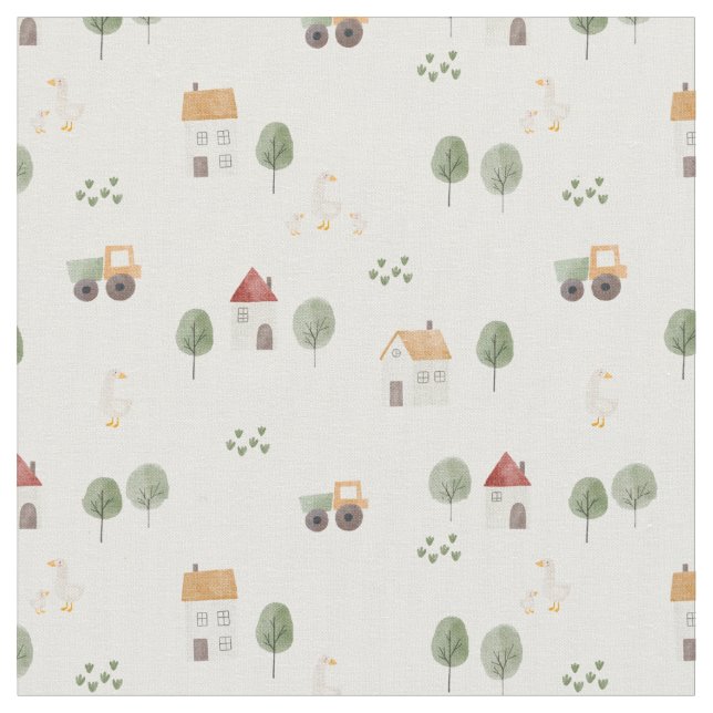 Cute Watercolor Farm Pattern Fabric (Close Up)