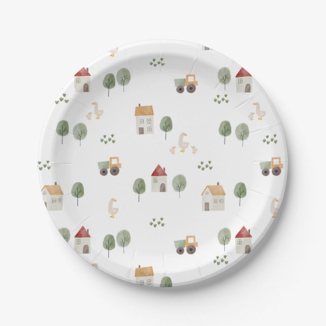 Cute Watercolor Farm Pattern Paper Plates (Front)