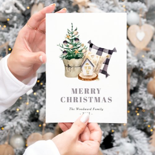 Cute Watercolor Farmhouse Christmas Holiday Postcard