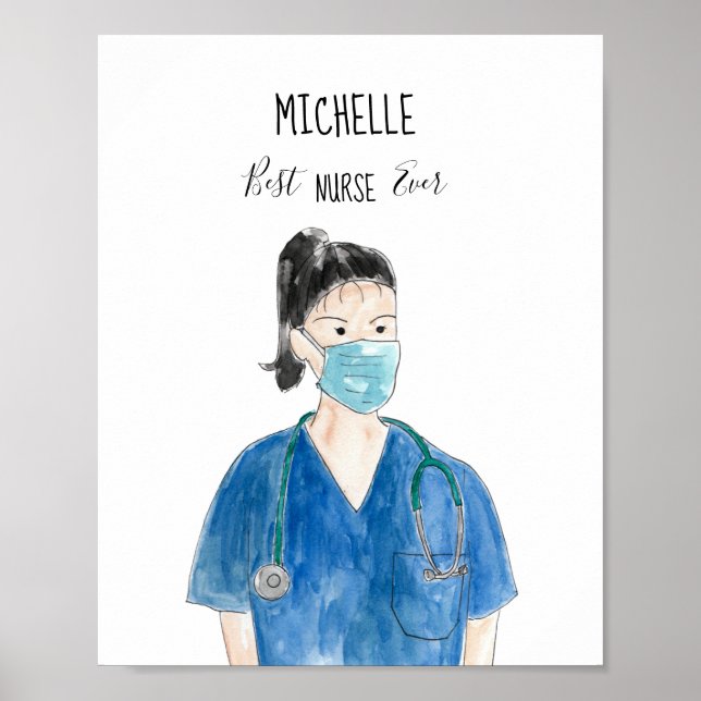 Cute Watercolor Female Nurse Black Hair Custom Poster (Front)