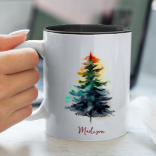 Cute watercolor festive green pine tree Christmas Two-Tone Coffee Mug