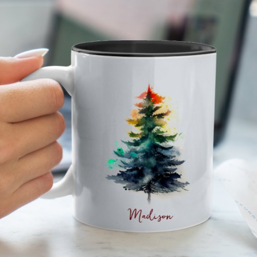 Cute watercolor festive green pine tree Christmas  Two_Tone Coffee Mug