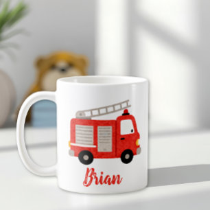 Cute Watercolor Fire Truck Personalized Coffee Mug