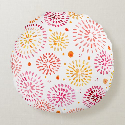 Cute watercolor fireworks in yellow and orange round pillow