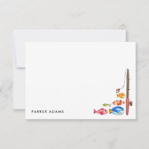 Cute Watercolor Fish Bait Hook Fishing Reel Rod Note Card