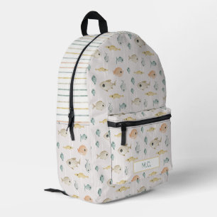 Cute Watercolor Fish Ocean Pattern Monogram Kids Printed Backpack