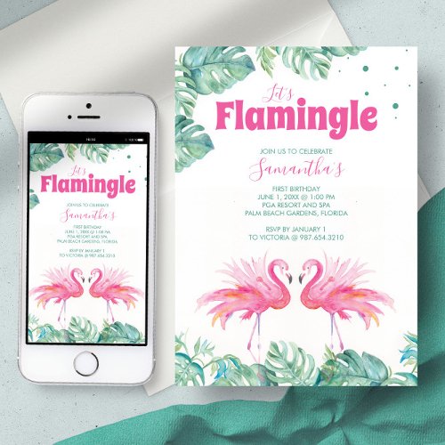 Cute Watercolor Flamingo Birthday Party Invitation