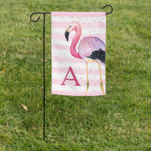 Cute Watercolor Flamingo Monogram Pink Stripe Garden Flag