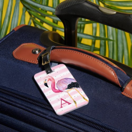 Cute Watercolor Flamingo Monogram Pink Stripe Luggage Tag