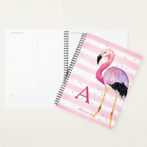 Cute Watercolor Flamingo Monogram Pink Stripe Planner