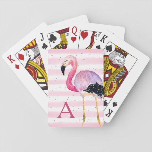 Cute Watercolor Flamingo Monogram Pink Stripe Playing Cards