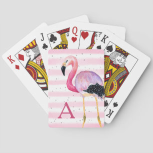Cute Watercolor Flamingo Monogram Pink Stripe Poker Cards