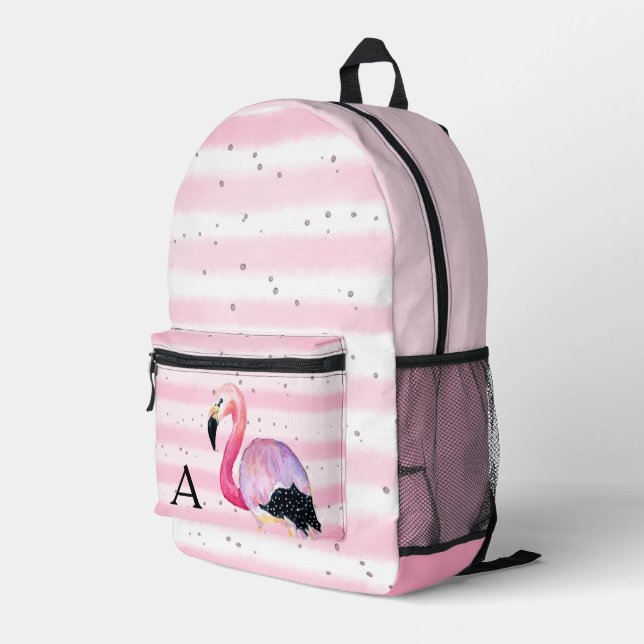 Cute Watercolor Flamingo Monogram Pink Stripe Printed Backpack (Back Corner Right)