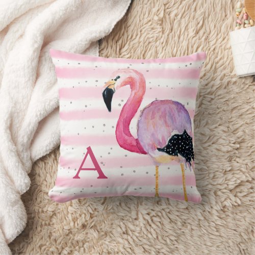 Cute Watercolor Flamingo Monogram Pink Stripe Throw Pillow