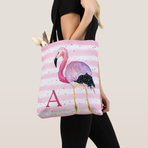 Cute Watercolor Flamingo Monogram Pink Stripe Tote Bag