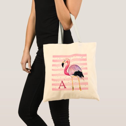 Cute Watercolor Flamingo Monogram Pink Stripe Tote Bag