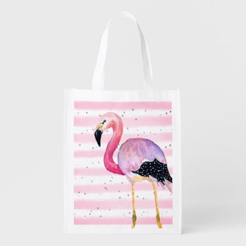 Cute Watercolor Flamingo Pink White Stripe Grocery Bag