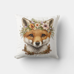 Cute Watercolor Floral Baby Fox Throw Pillow