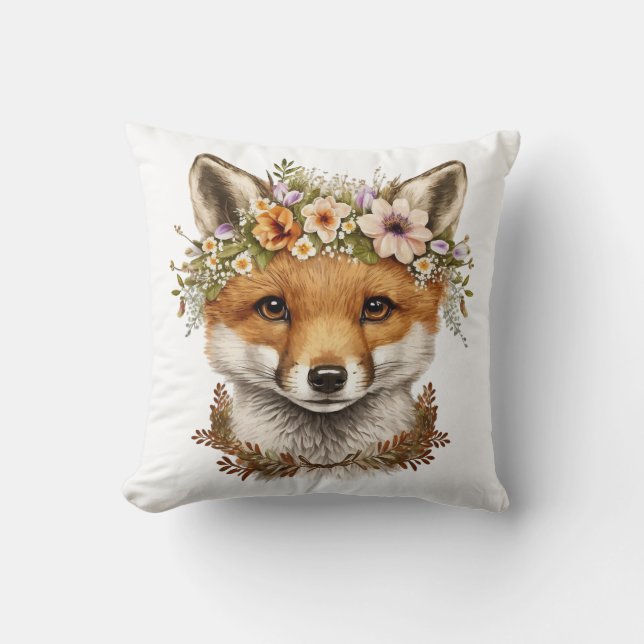 Cute Watercolor Floral Baby Fox Throw Pillow (Front)
