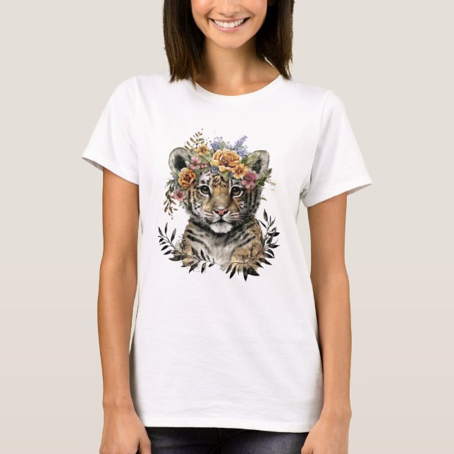 Cute Watercolor Floral Baby Tiger T-Shirt (Front)