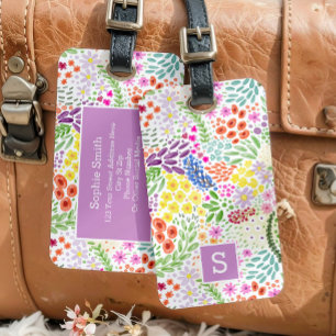 Cute Watercolor Floral Blooming Spring Monogram Luggage Tag