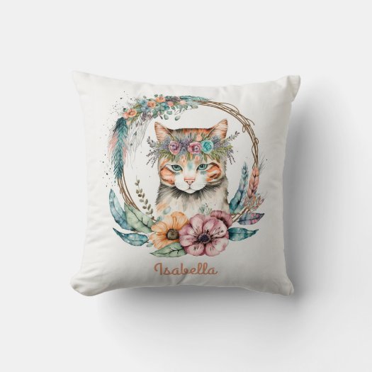 Cute Watercolor Floral Boho Cat