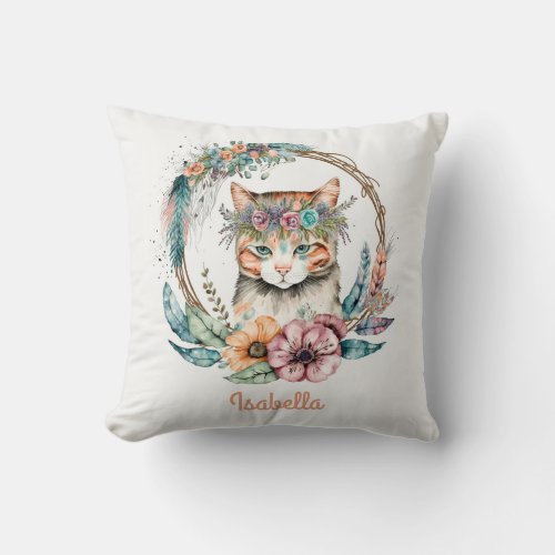 Cute Watercolor Floral Boho Cat Throw Pillow