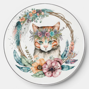 Cute Watercolor Floral Boho Cat Wireless Charger