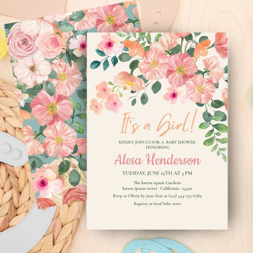 Cute watercolor floral boho chic Girl baby shower Invitation