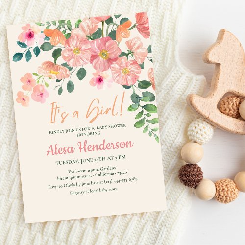 Cute watercolor floral boho chic Girl baby shower Invitation