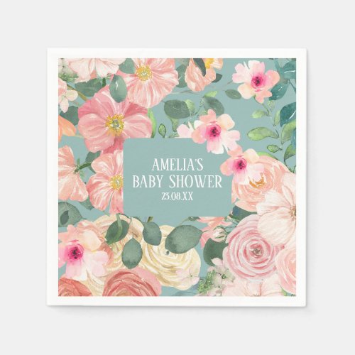 Cute watercolor floral boho chic Girl baby shower Napkins
