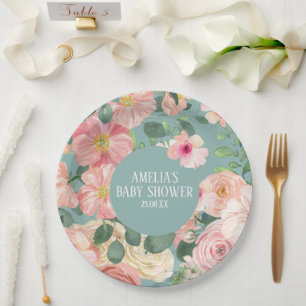 Cute watercolor floral boho chic Girl baby shower Paper Plates