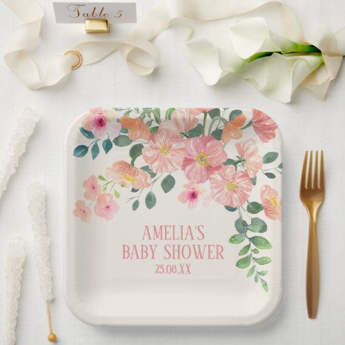 Cute watercolor floral boho chic Girl baby shower Paper Plates