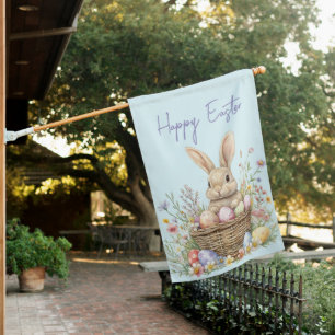 Cute Watercolor Floral Bunny and Easter Egg House Flag