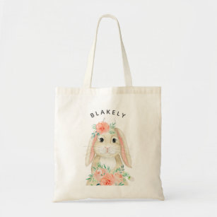Cute Watercolor Floral Bunny Easter Name Tote Bag