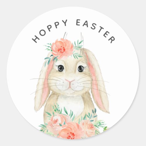 Cute Watercolor Floral Bunny Hoppy Easter Classic Round Sticker