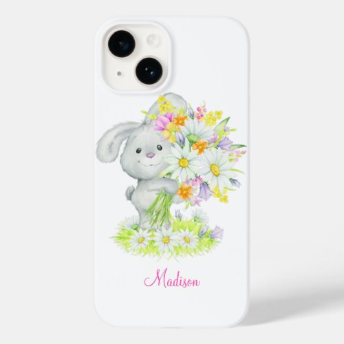 Cute Watercolor Floral Bunny Rabbit Personalized Case_Mate iPhone 14 Case