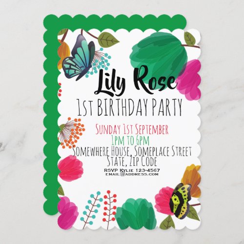 Cute Watercolor Floral Butterfly Birthday Invite
