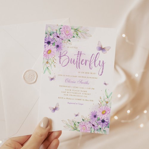 Cute Watercolor Floral Butterfly Girl Baby Shower Invitation
