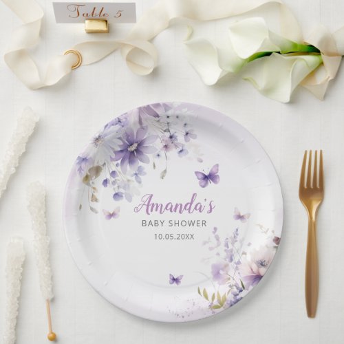 Cute Watercolor Floral Butterfly Girl Baby Shower Paper Plates