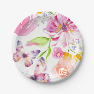Cute Watercolor Floral Butterfly Paper Plates
