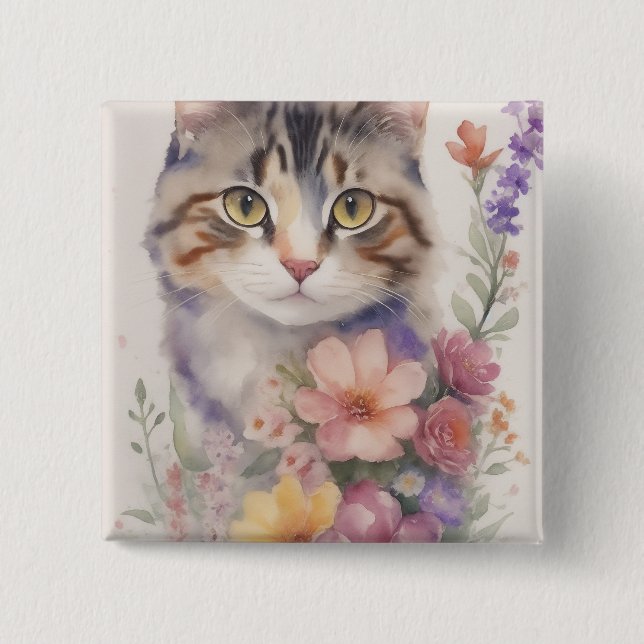 Cute Watercolor Floral Cat Button (Front)