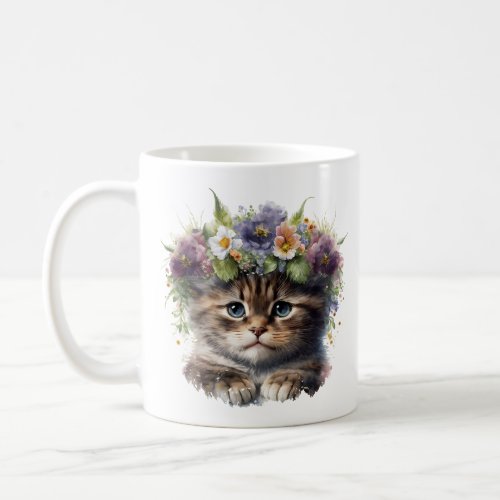 Cute Watercolor Floral Cat Coffee Mug