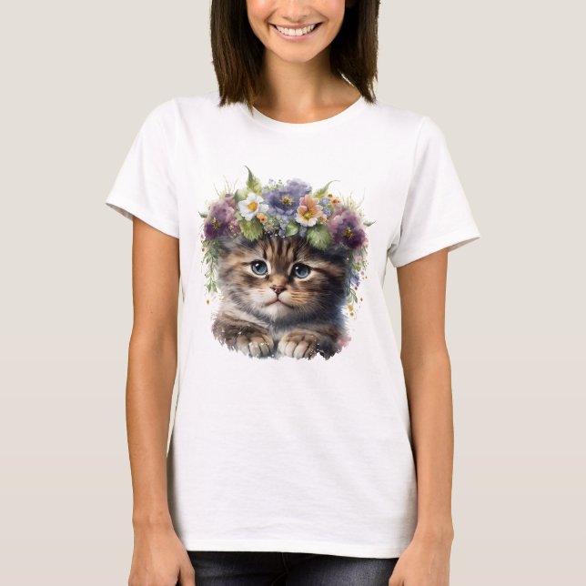 Cute Watercolor Floral Cat T-Shirt (Front)