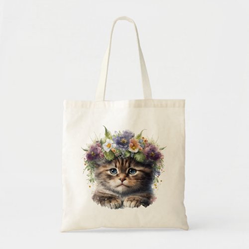 Cute Watercolor Floral Cat Tote Bag