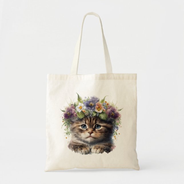 Cute Watercolor Floral Cat Tote Bag (Front)