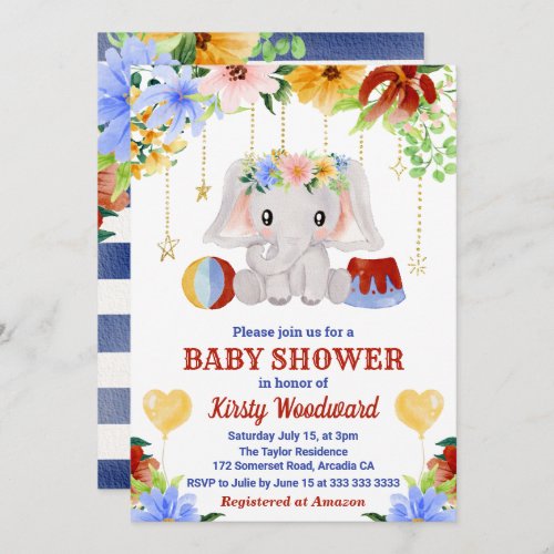 Cute Watercolor Floral Circus Elephant Baby Shower Invitation